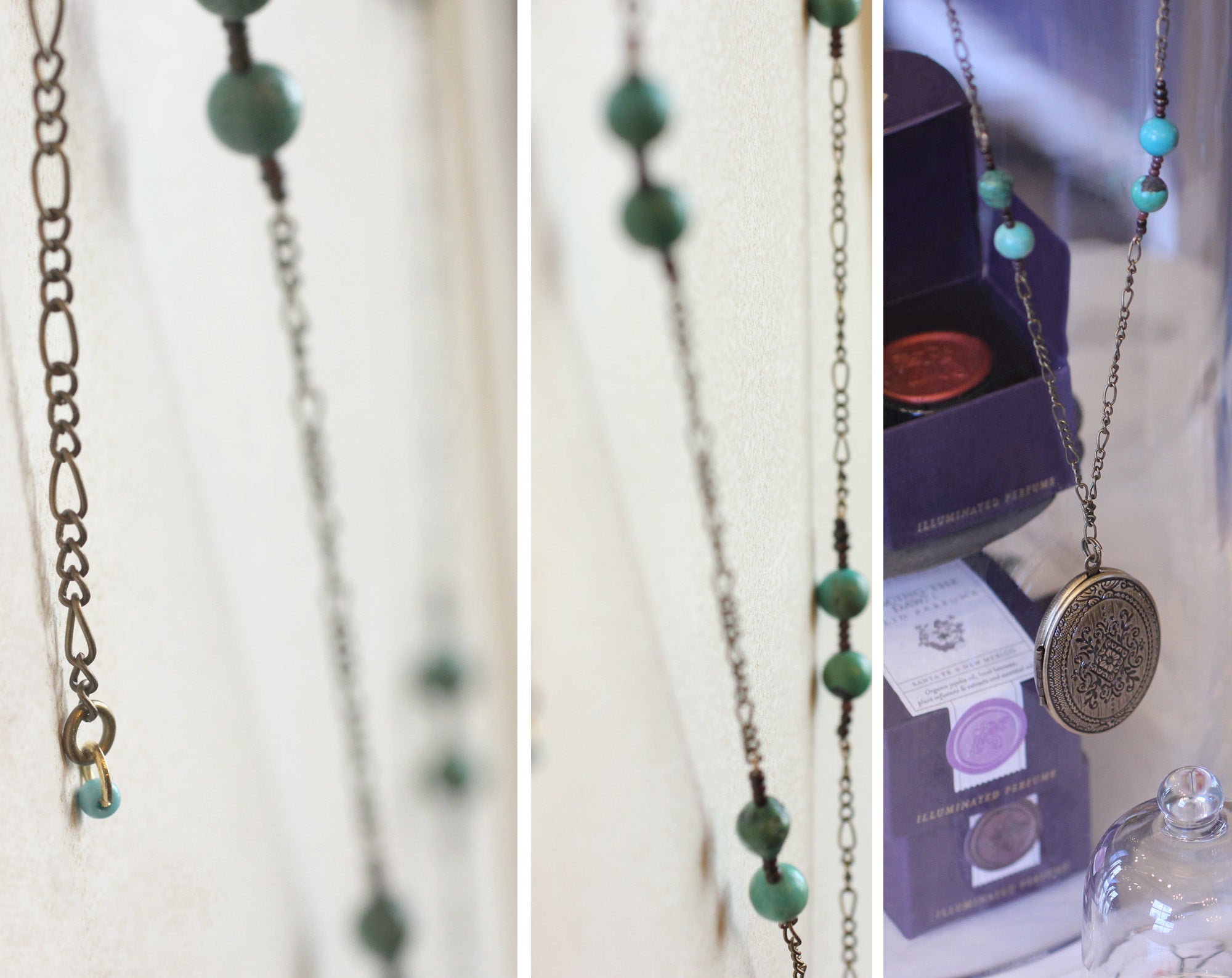 Locket Necklace with Solid Perfume. Diamond Pattern. Unique Chain with Turquoise