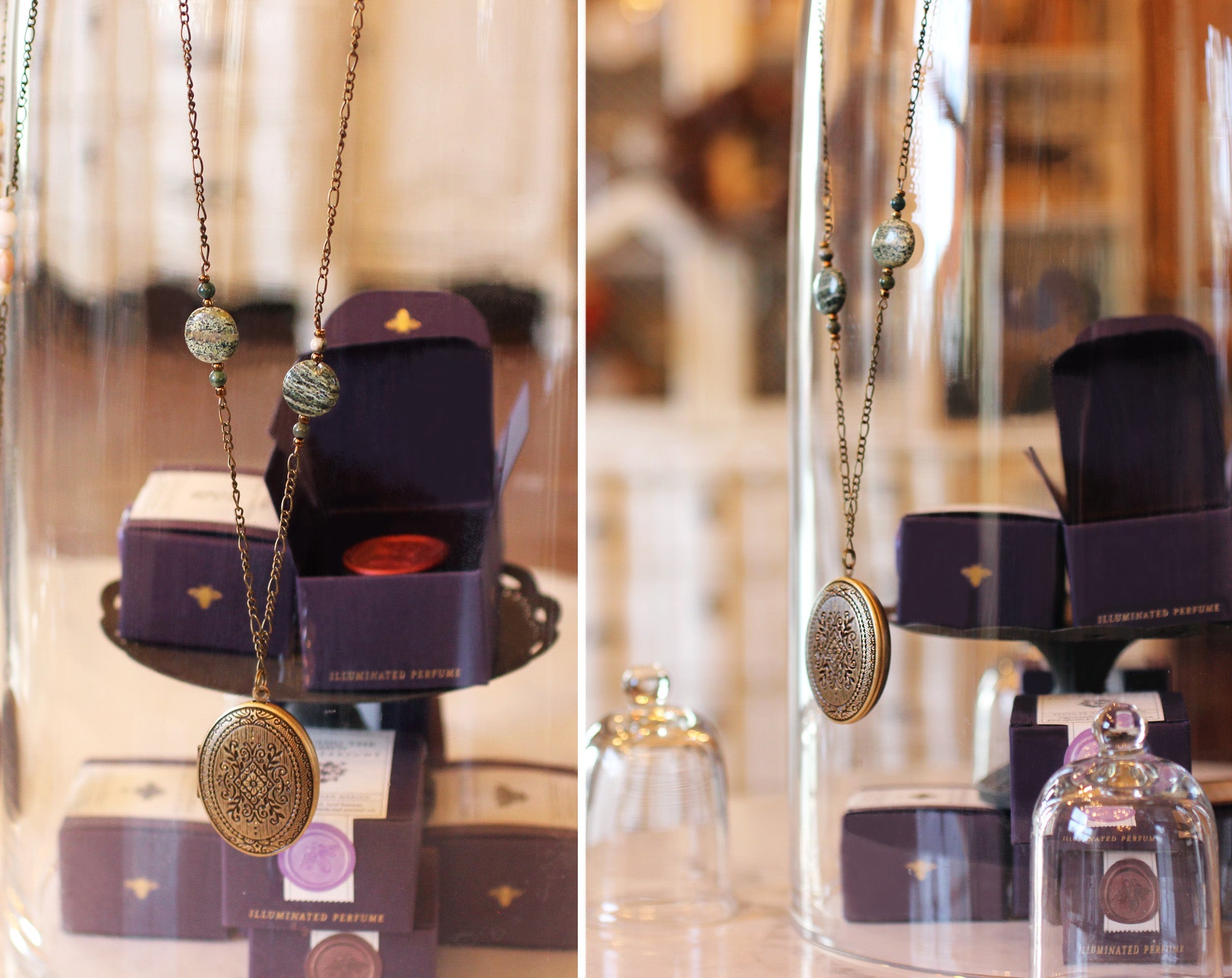 Locket Necklace with Solid Perfume. Diamond Pattern. Unique Chain with Moss Agate