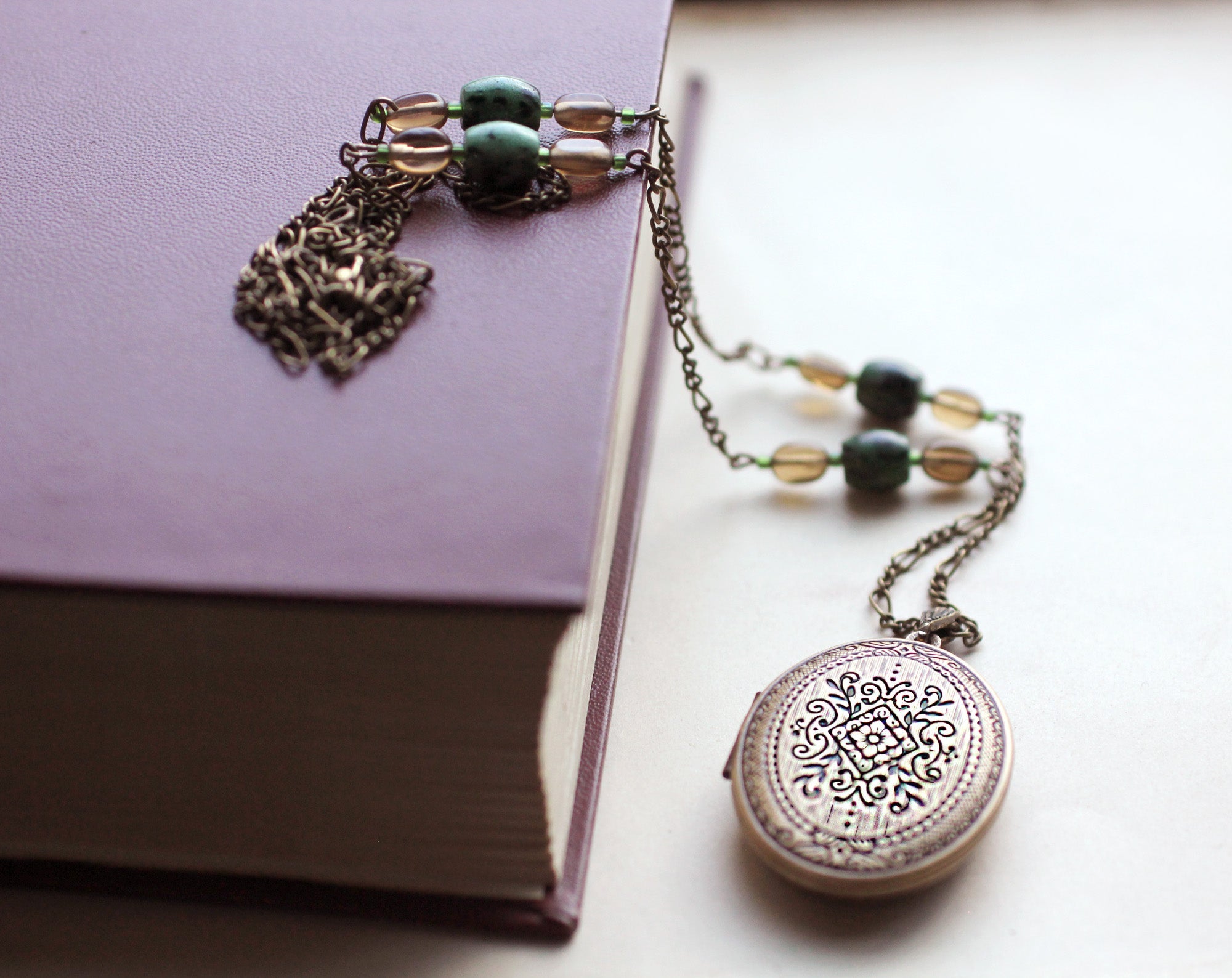 Locket Necklace with Solid Perfume. Diamond Pattern. Unique Chain with Ruby Zoisite